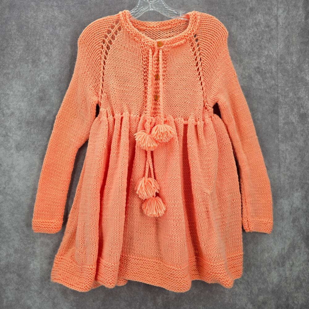Orange Knit Button Up Tassel Handmade Flare Long Sleeve Girls Dress M Medium‎